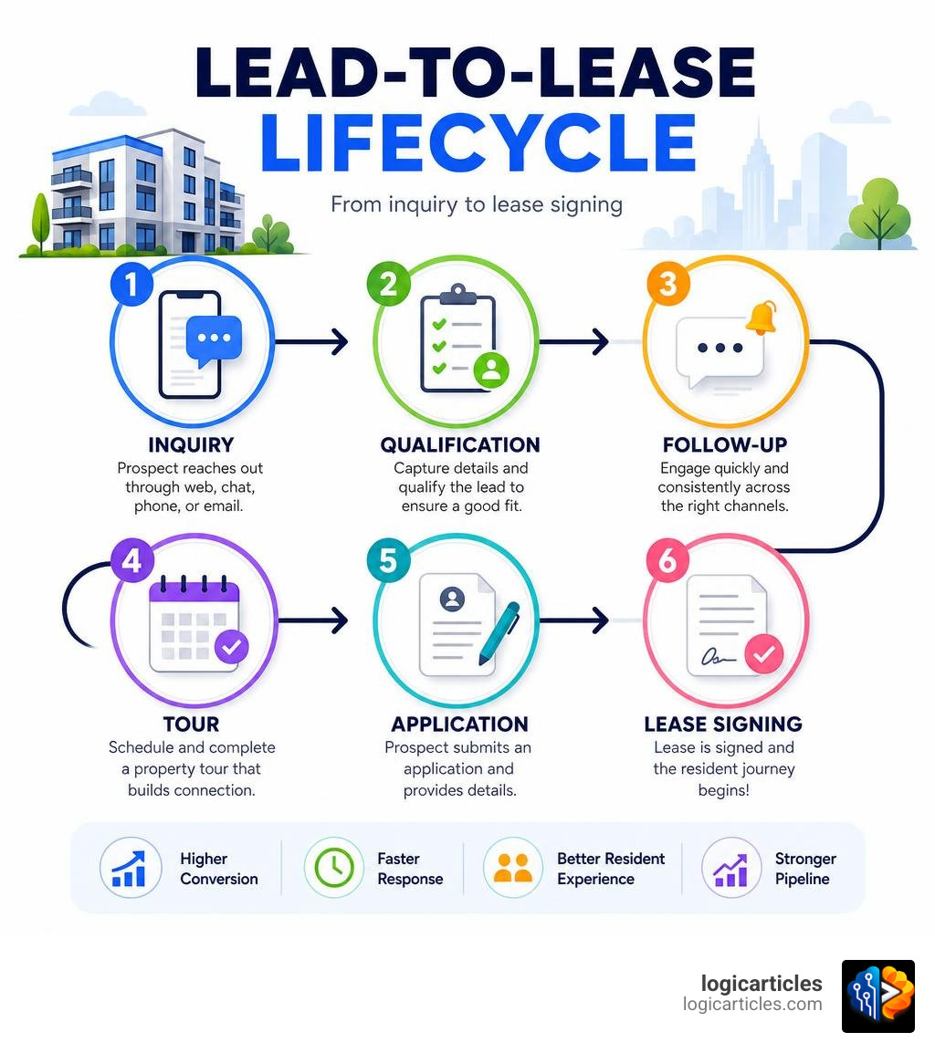 Lead-to-lease lifecycle showing inquiry, qualification, follow-up, tour, application, and lease signing stages infographic Lead-to-lease lifecycle showing inquiry, qualification, follow-up, tour, application, and lease signing stages infographic