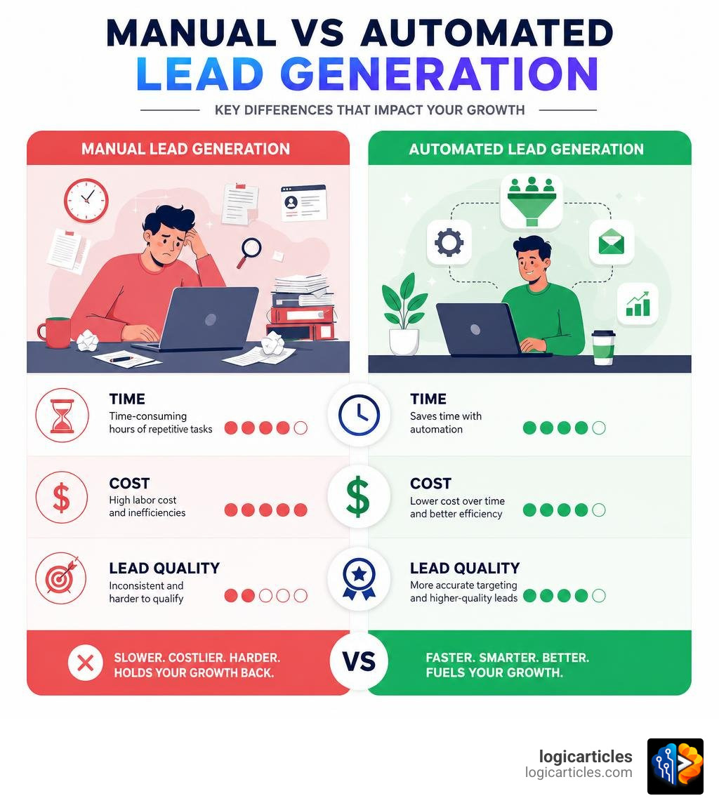 comparison of manual vs automated lead generation process showing key differences in time, cost, and lead quality infographic comparison of manual vs automated lead generation process showing key differences in time, cost, and lead quality infographic