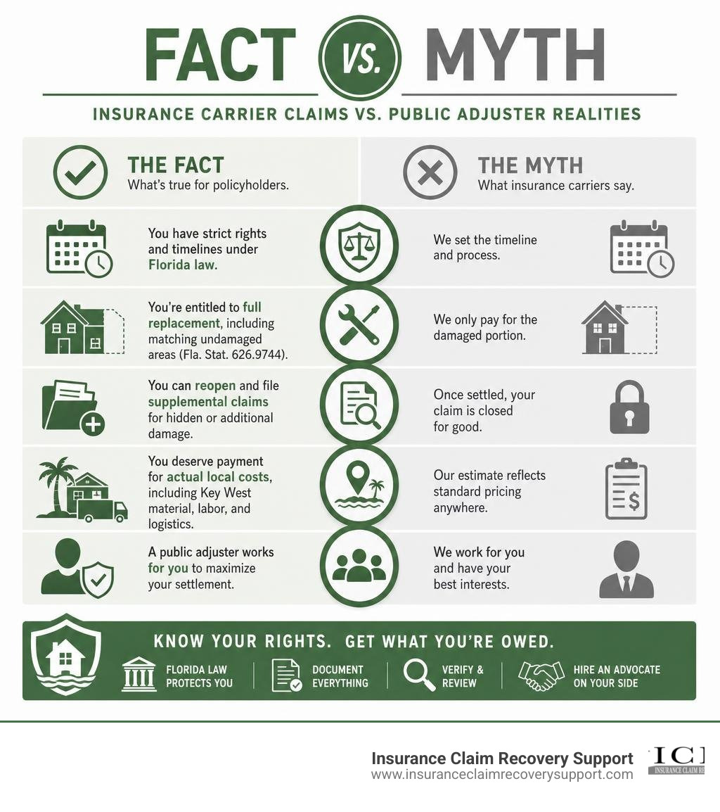 Fact vs Myth Infographic comparing insurance carrier claims and public adjuster realities infographic Fact vs Myth Infographic comparing insurance carrier claims and public adjuster realities infographic