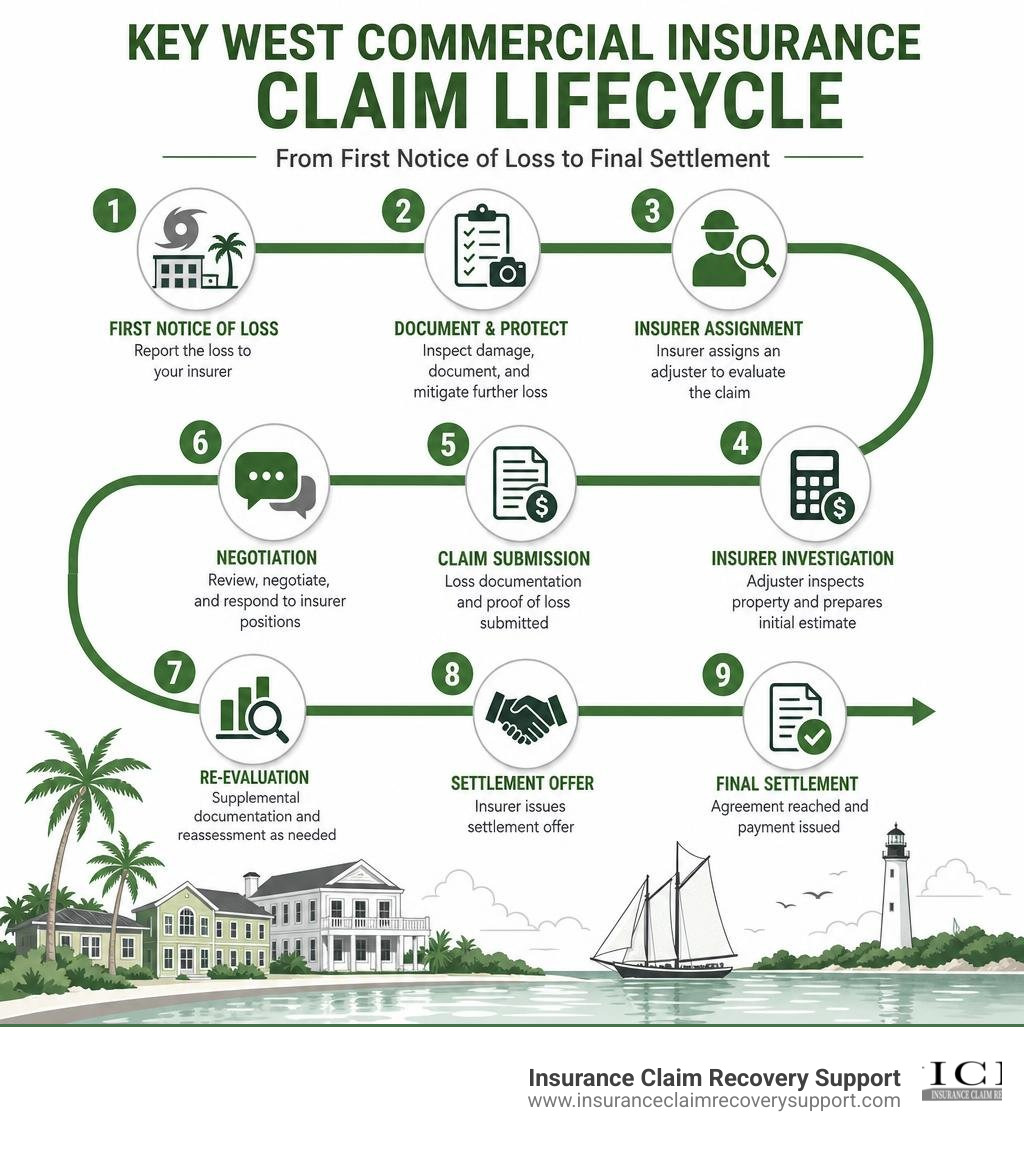 Key West commercial insurance claim lifecycle infographic from first notice of loss to final settlement infographic Key West commercial insurance claim lifecycle infographic from first notice of loss to final settlement infographic