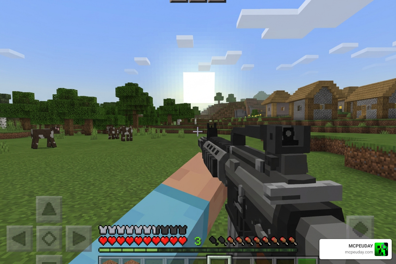 A player aiming down the sights of a highly detailed 3D assault rifle in Minecraft PE