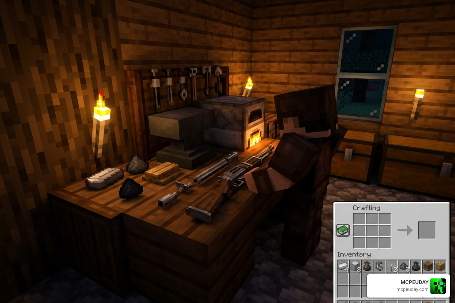 Crafting a firearm using the weapon workbench in Minecraft survival mode
