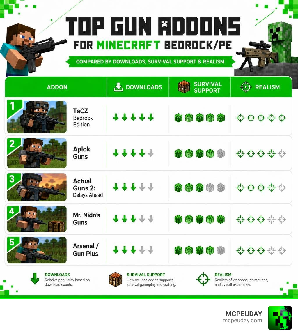 Top gun addons for Minecraft Bedrock PE compared by downloads, survival support, and realism infographic