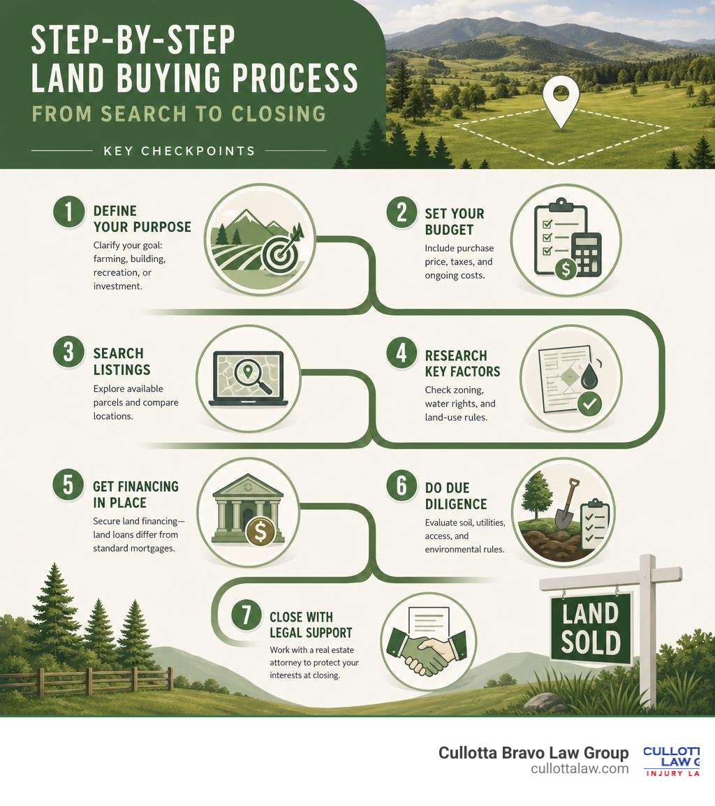 Step-by-step land buying process from search to closing with key checkpoints infographic