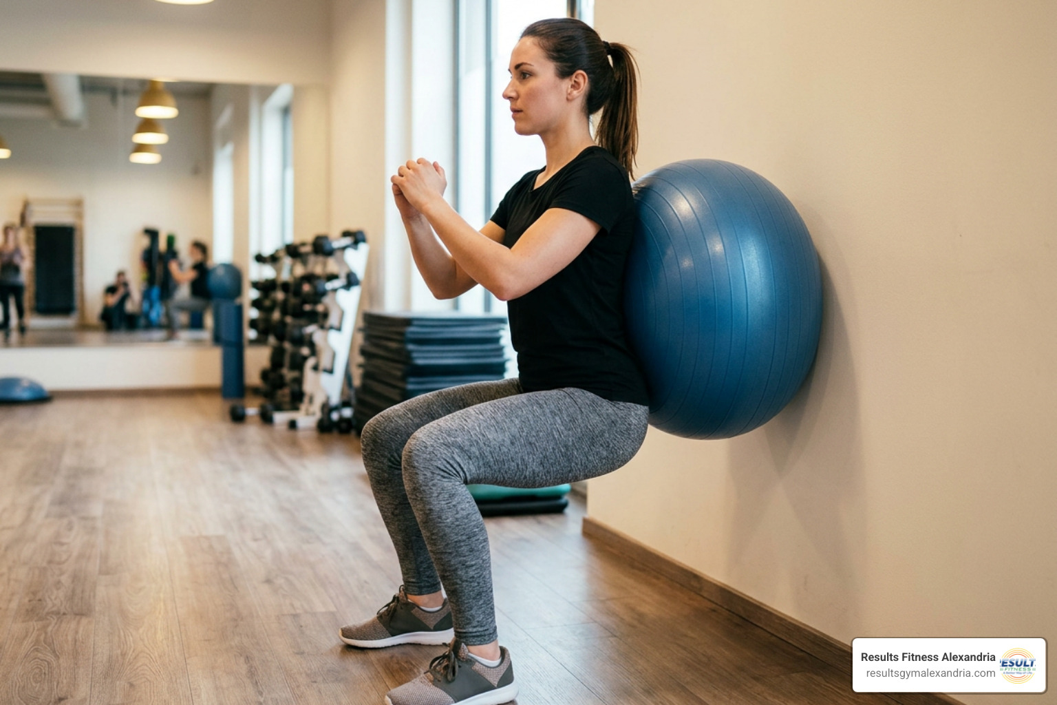 A person performing a wall squat with a yoga ball