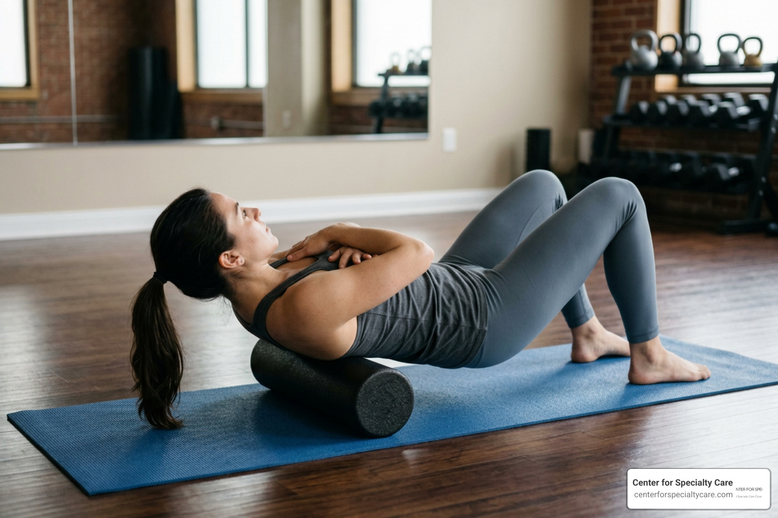 A person using a foam roller horizontally across their upper back to release rhomboid tension