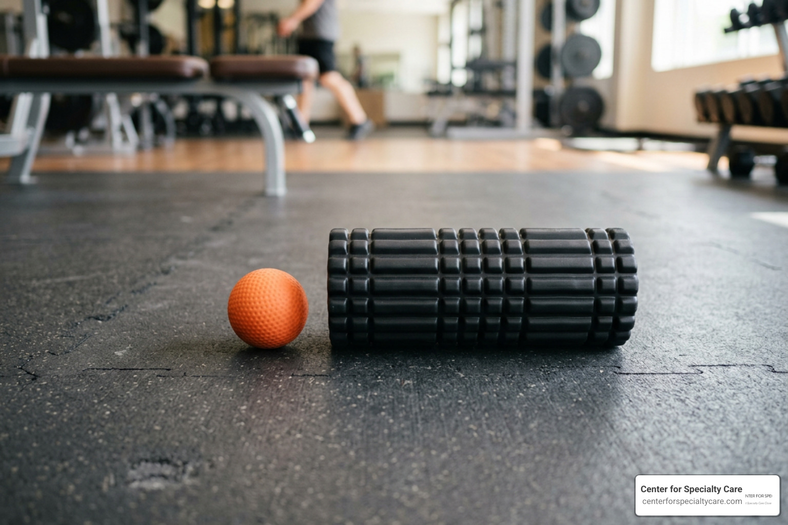 A lacrosse ball and a foam roller side-by-side on a gym mat