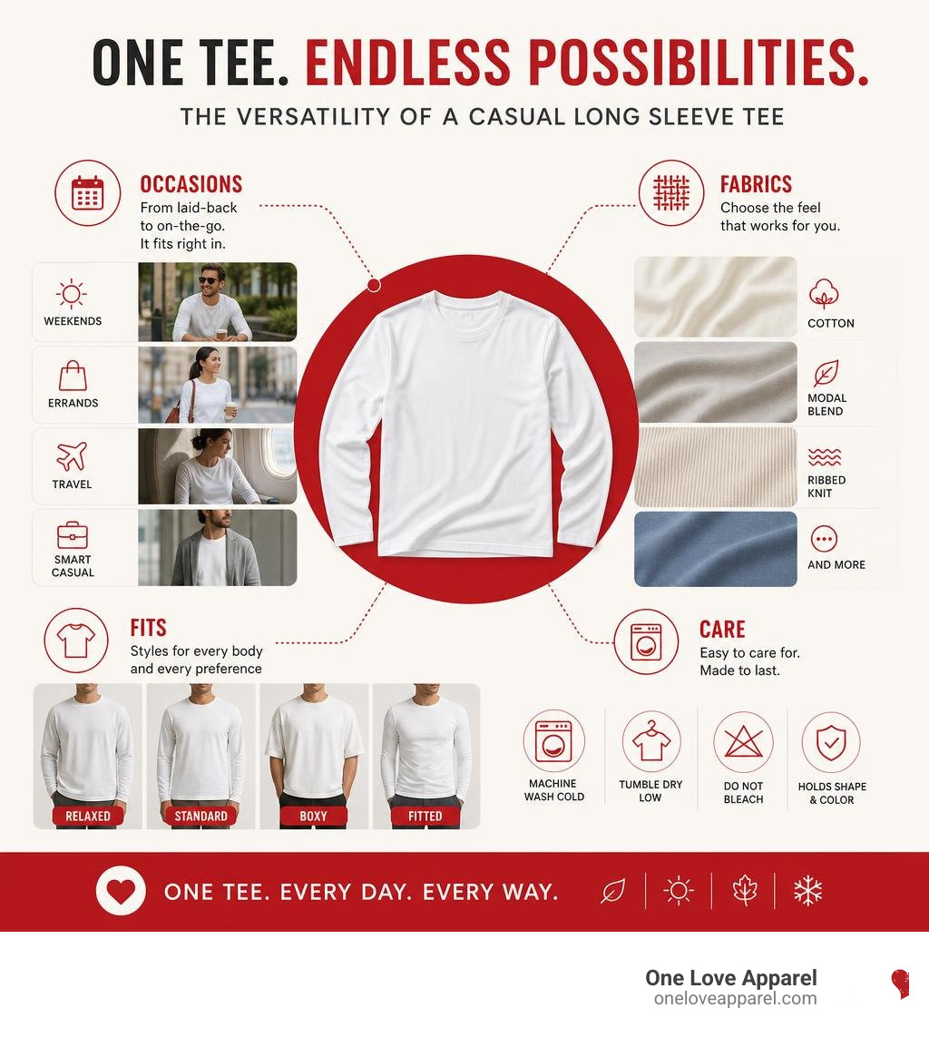 Infographic showing the versatility of casual long sleeve tees across occasions, fabrics, fits, and care infographic
