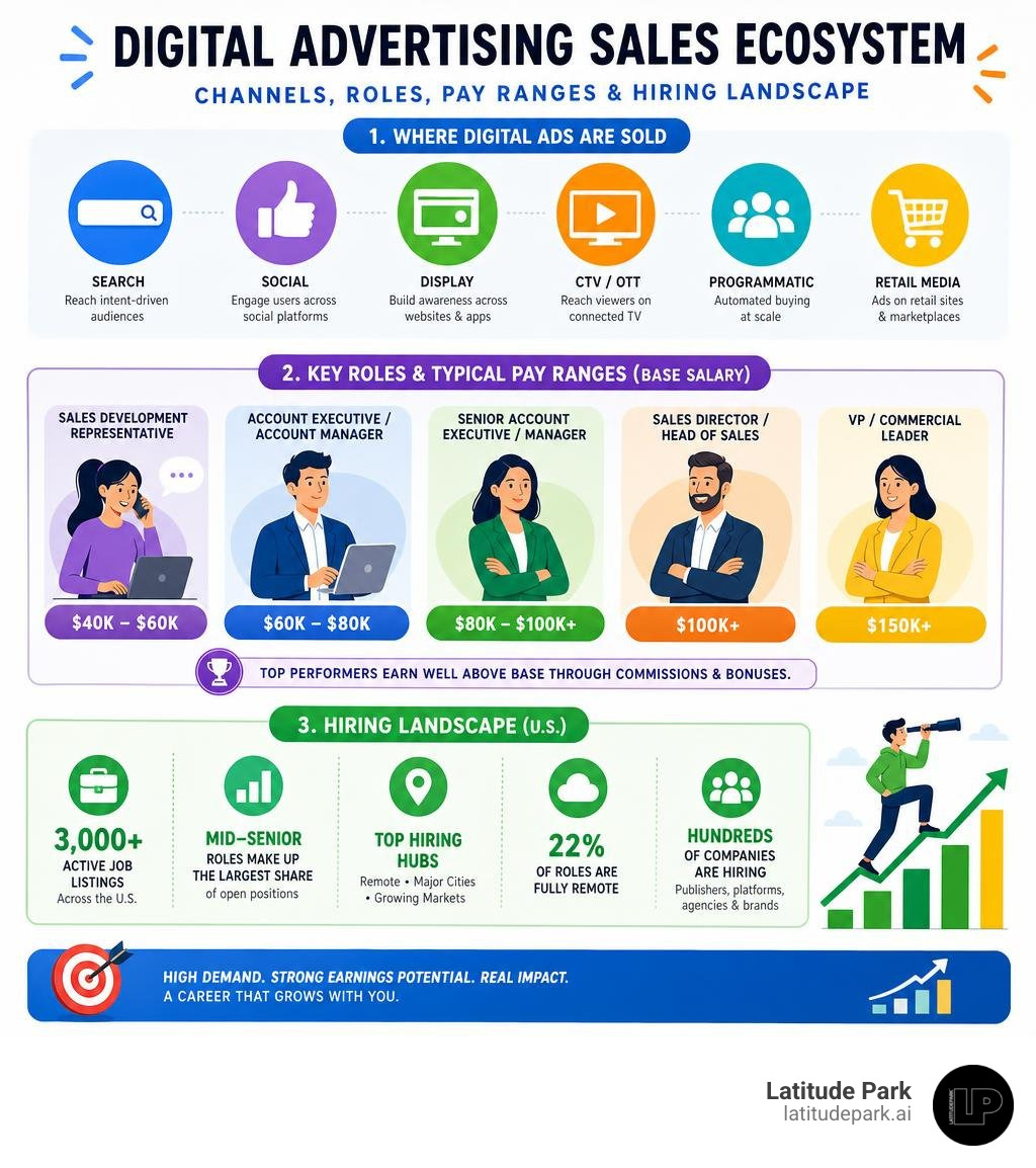 Digital advertising sales ecosystem infographic: channels, roles, pay ranges, and hiring landscape infographic