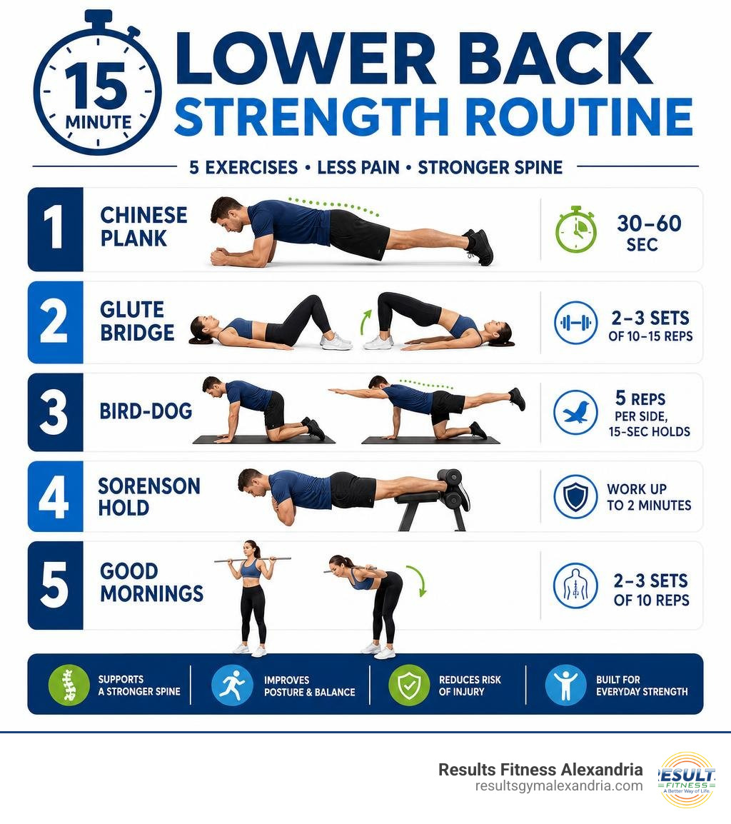 15-minute lower back strength routine infographic with exercises and reps infographic