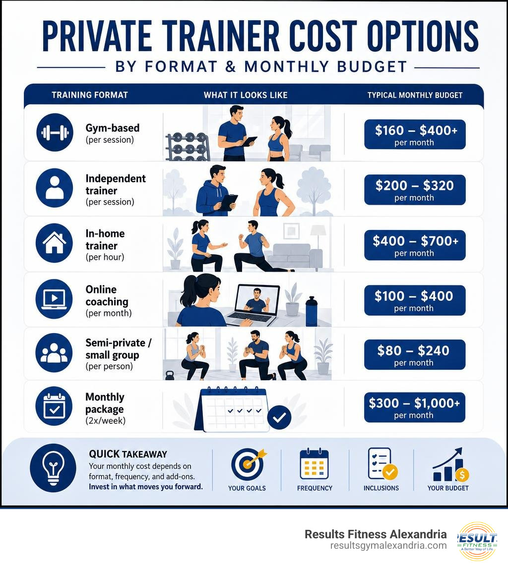 Breakdown of private trainer cost options by format and monthly budget infographic