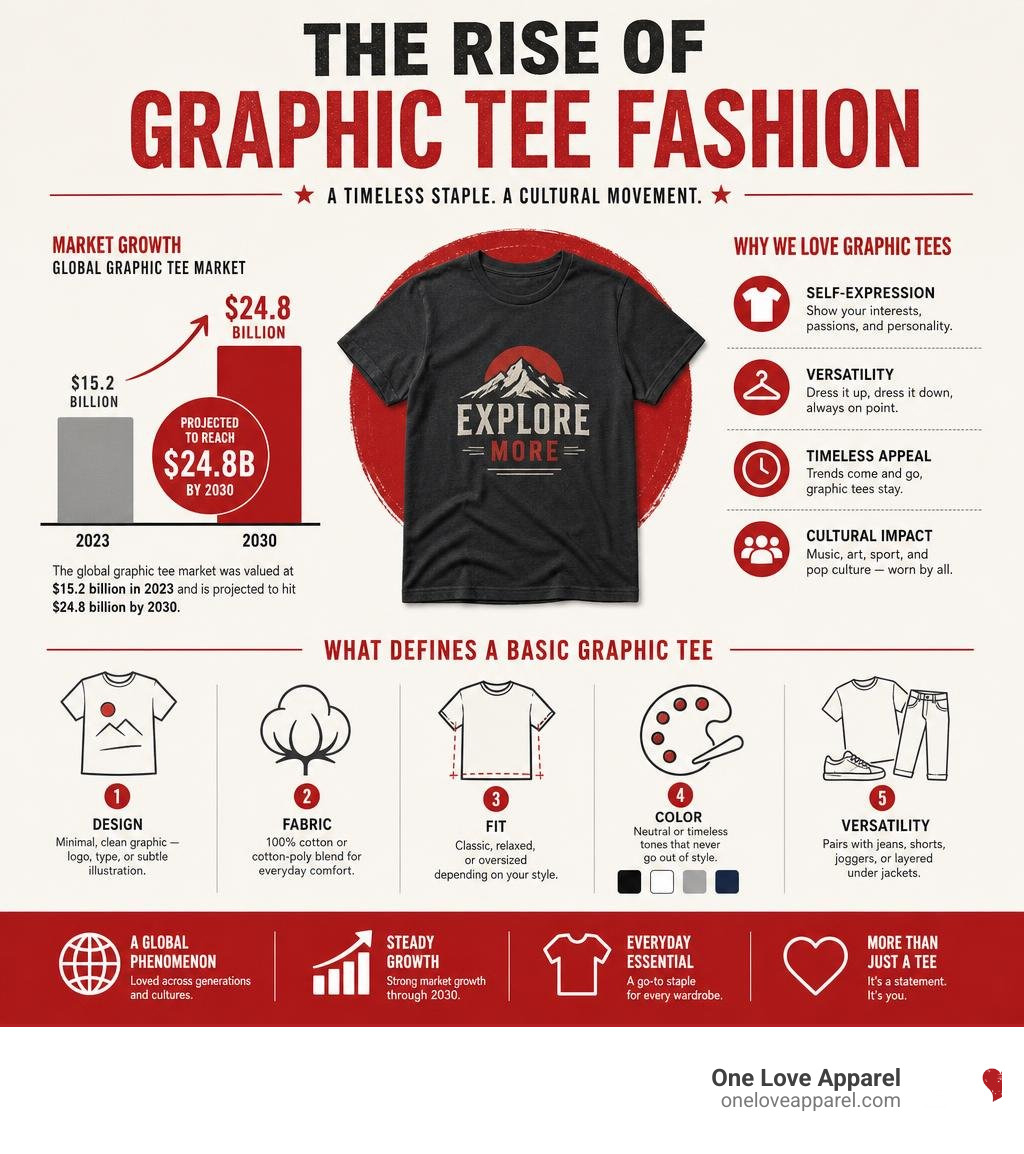 infographic showing the rise of graphic tee fashion, key stats, and what defines a basic graphic tee infographic infographic showing the rise of graphic tee fashion, key stats, and what defines a basic graphic tee infographic