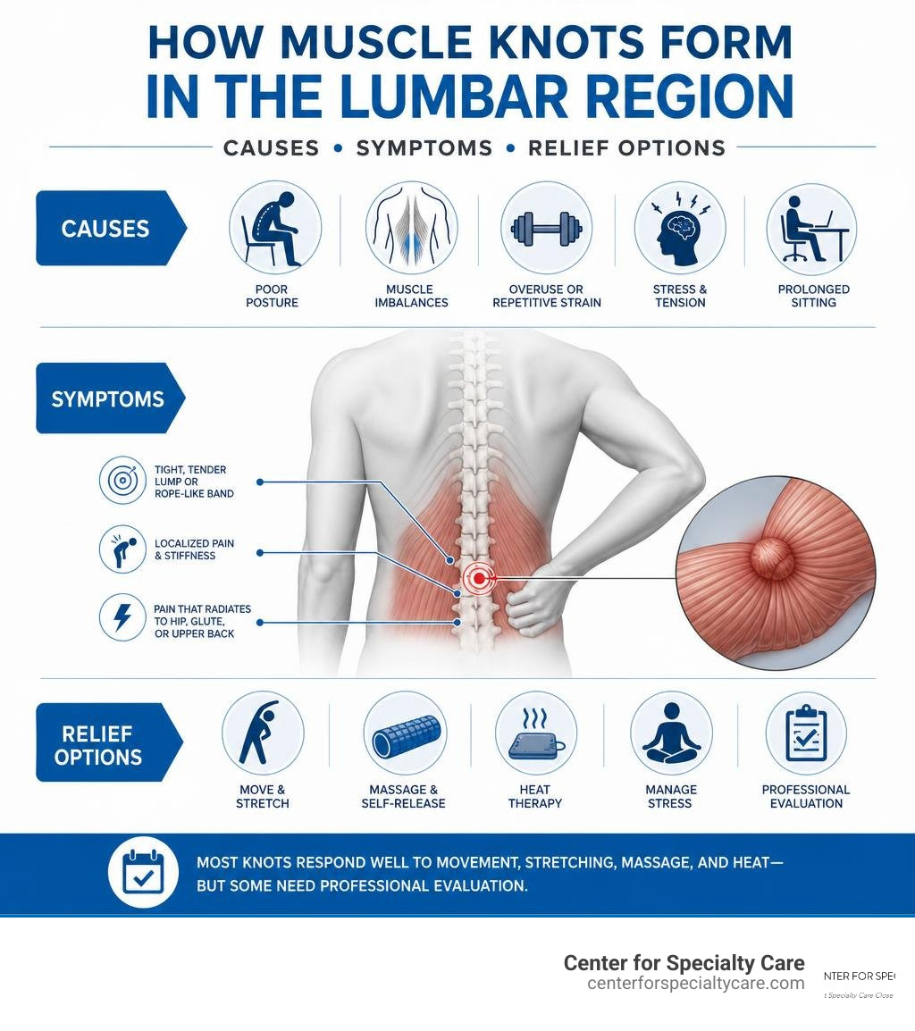 How muscle knots form in the lumbar region: causes, symptoms, and relief options infographic How muscle knots form in the lumbar region: causes, symptoms, and relief options infographic