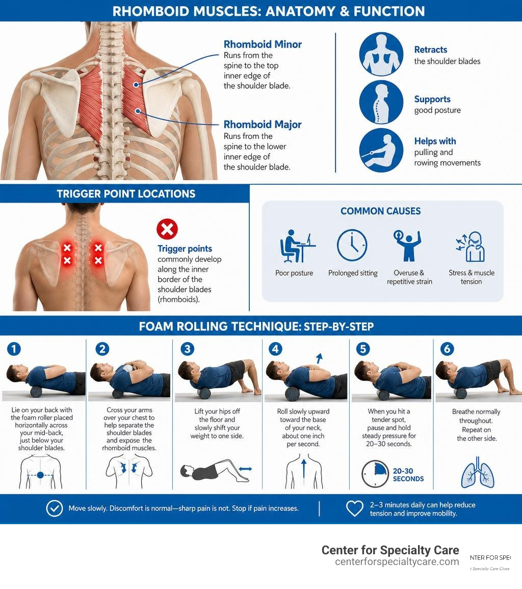 Infographic showing rhomboid muscle anatomy, trigger point locations, and foam rolling technique steps infographic