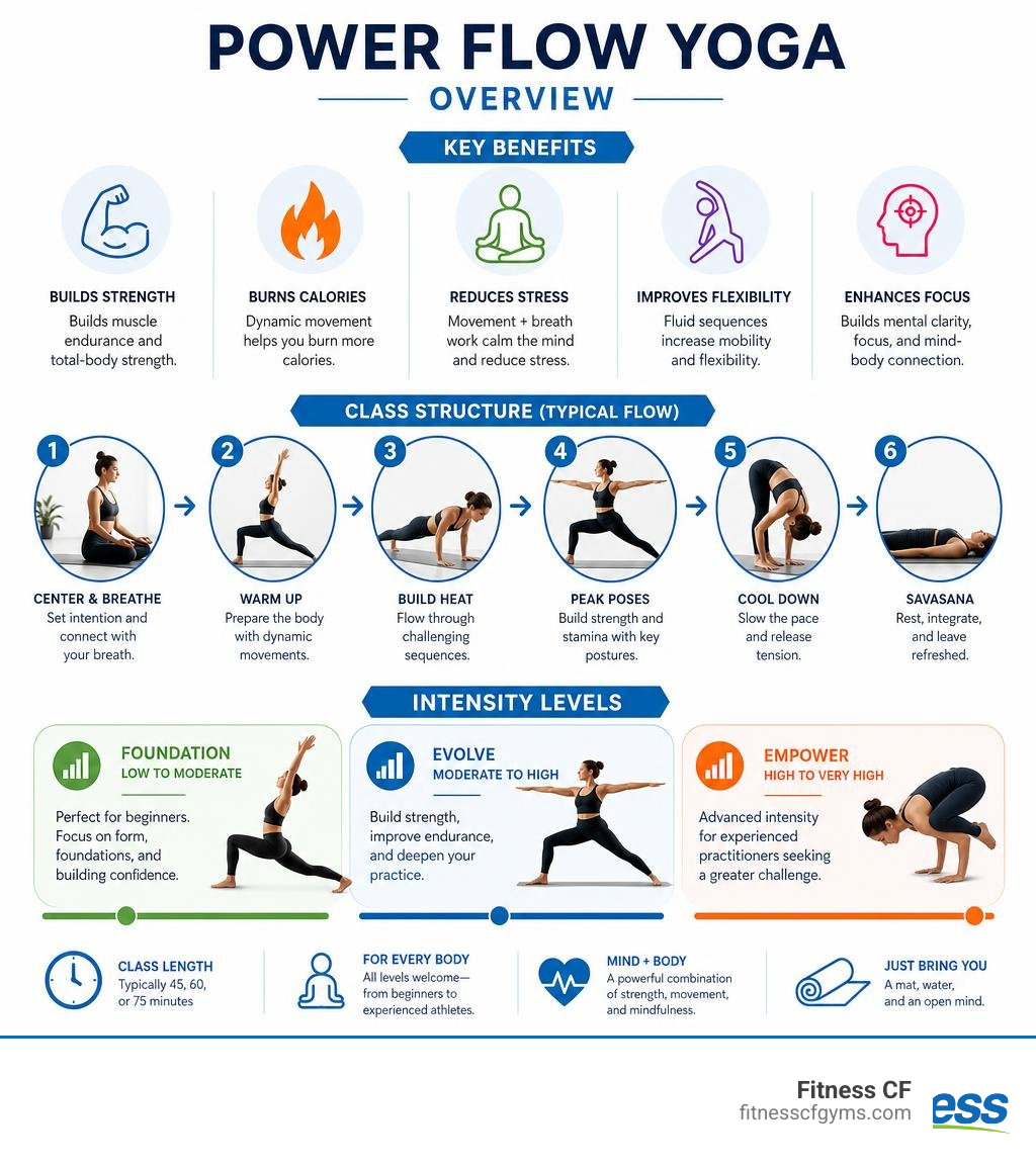 Key benefits, class structure, and intensity levels of power flow yoga overview infographic