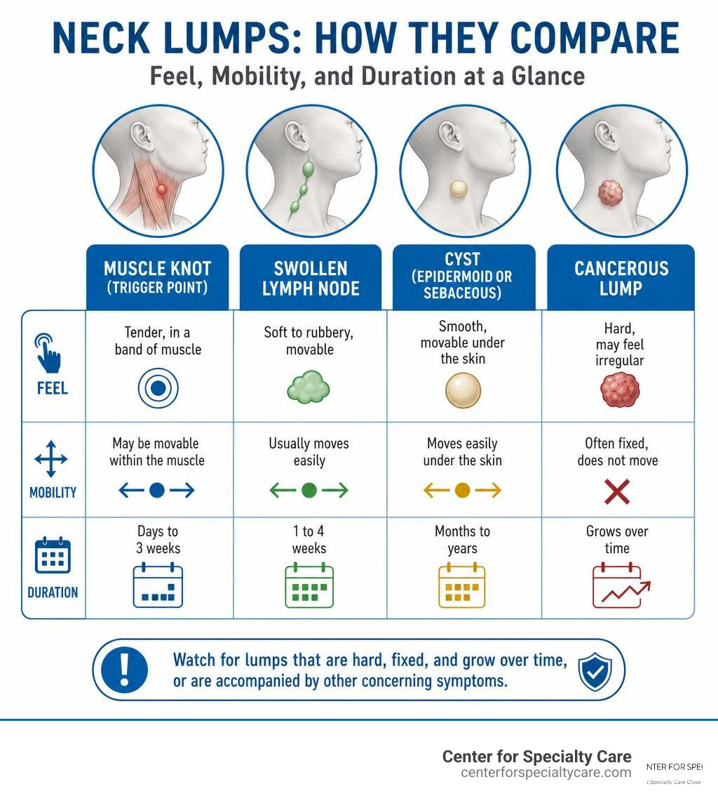 Infographic comparing muscle knots vs swollen lymph nodes vs cysts vs cancerous lumps by feel, mobility, and duration
