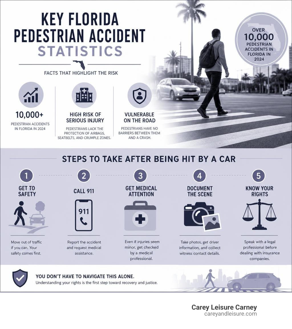 Key Florida pedestrian accident statistics and steps to take after being hit by a car infographic