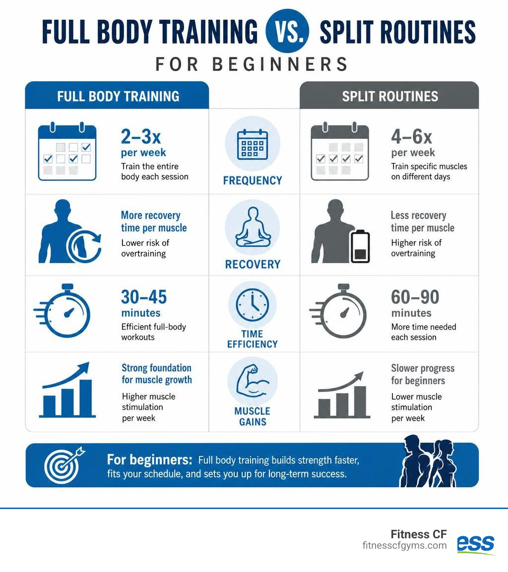 Benefits of full body training vs split routines for beginners: frequency, recovery, time efficiency, muscle gains