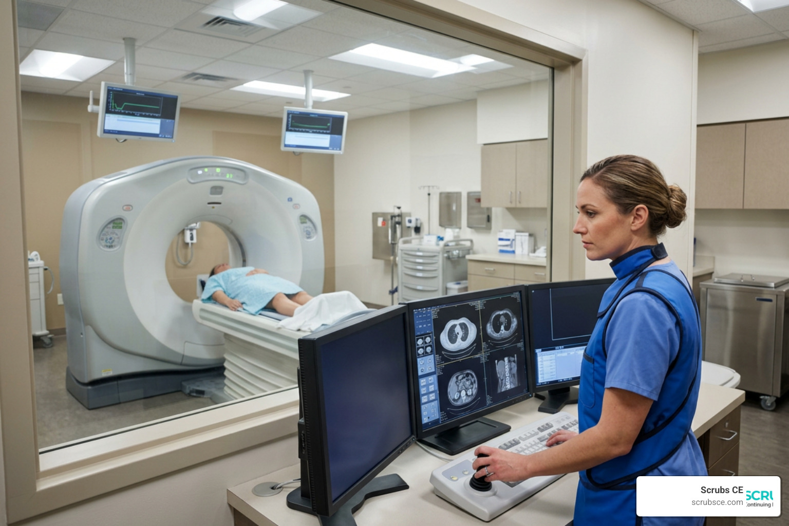 CT technologist operating a advanced CT scanner in hospital environment CT technologist operating a advanced CT scanner in hospital environment