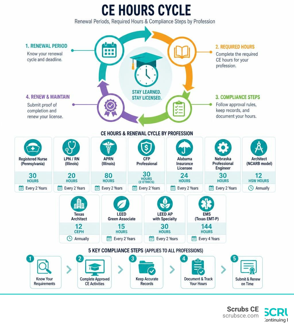 CE hours cycle infographic showing renewal periods, required hours, and compliance steps by profession infographic CE hours cycle infographic showing renewal periods, required hours, and compliance steps by profession infographic