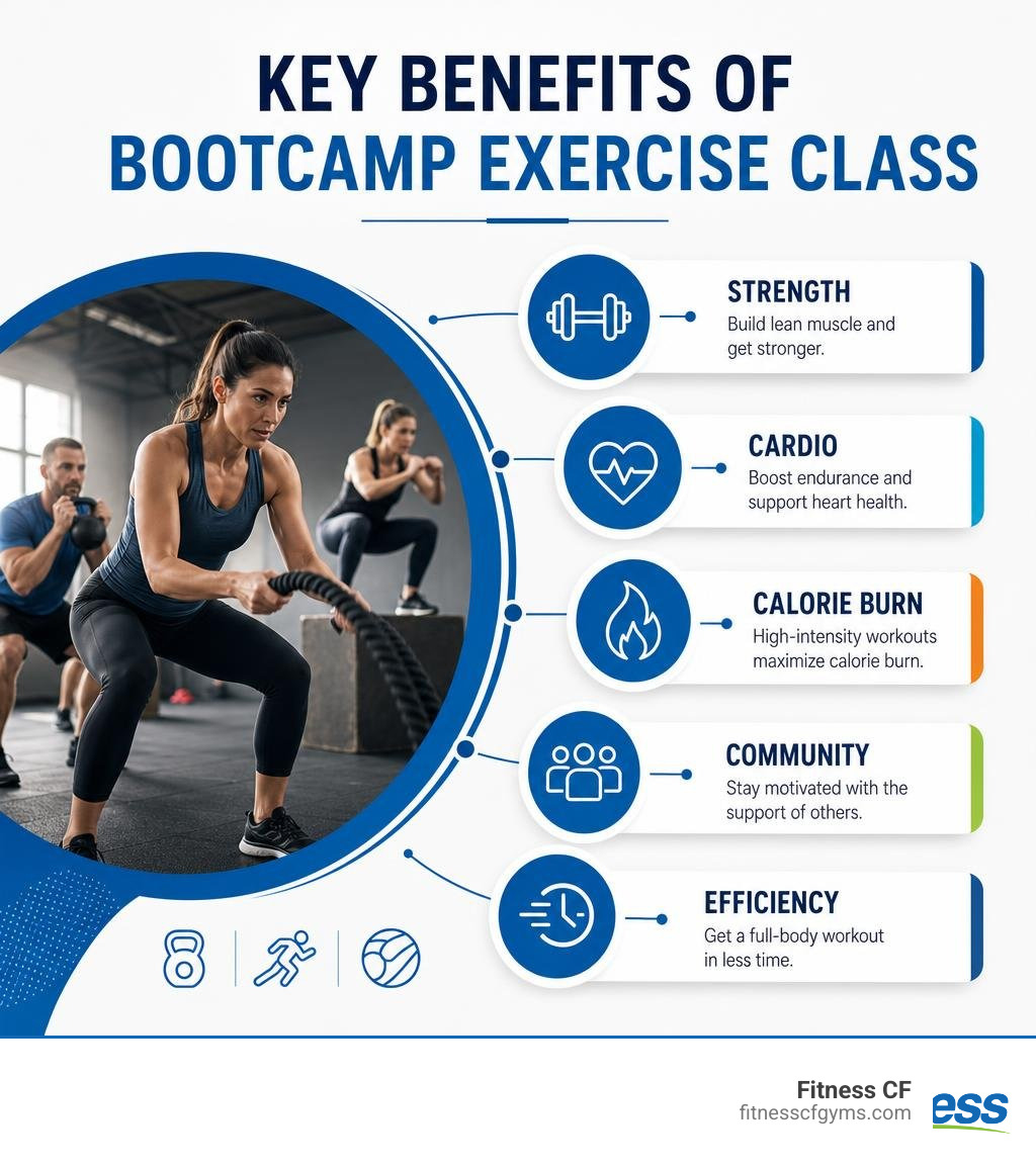 Key benefits of bootcamp exercise class: strength, cardio, calorie burn, community, efficiency infographic Key benefits of bootcamp exercise class: strength, cardio, calorie burn, community, efficiency infographic