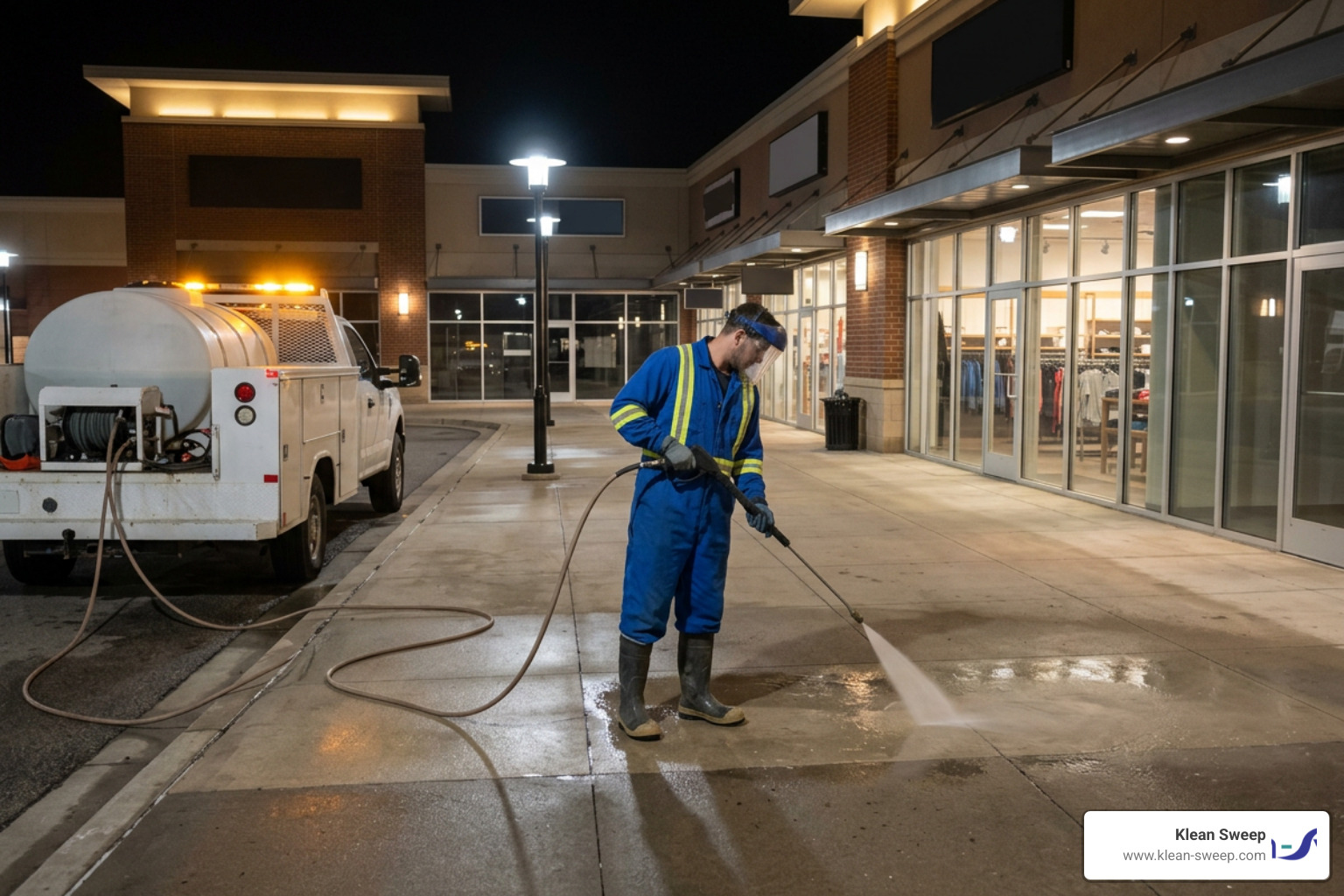Overnight commercial pressure washing of retail center walkway by worker in blue uniform