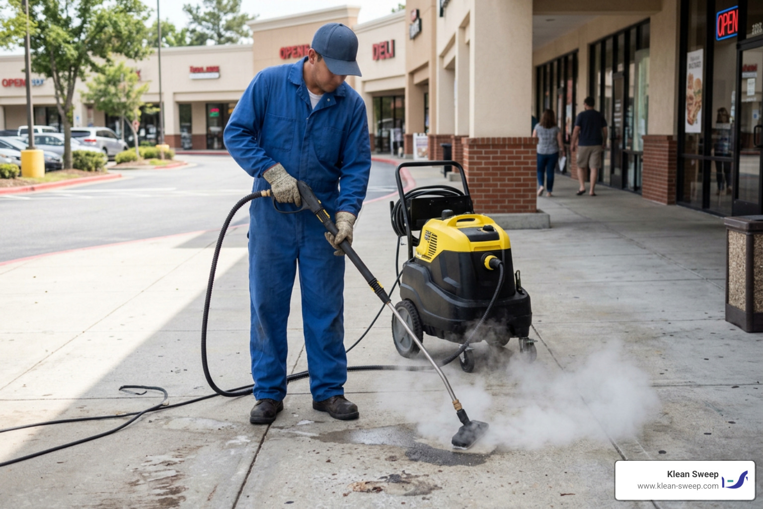 Professional gum removal from concrete by worker in blue uniform