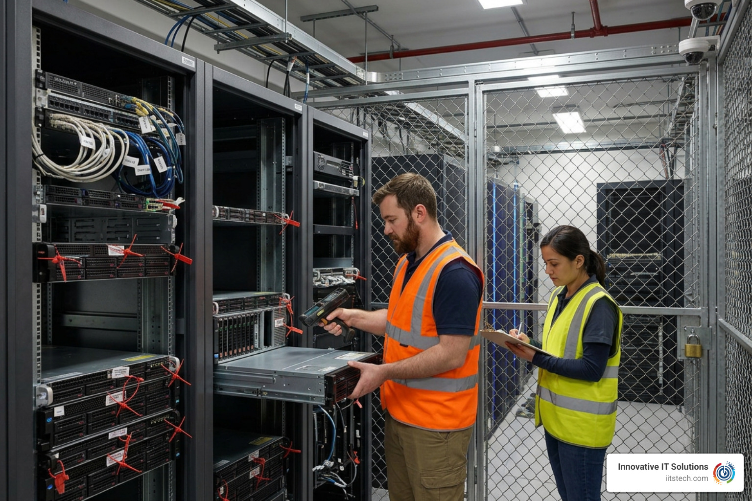 Secure data center decommissioning process showing asset tracking and physical data protection