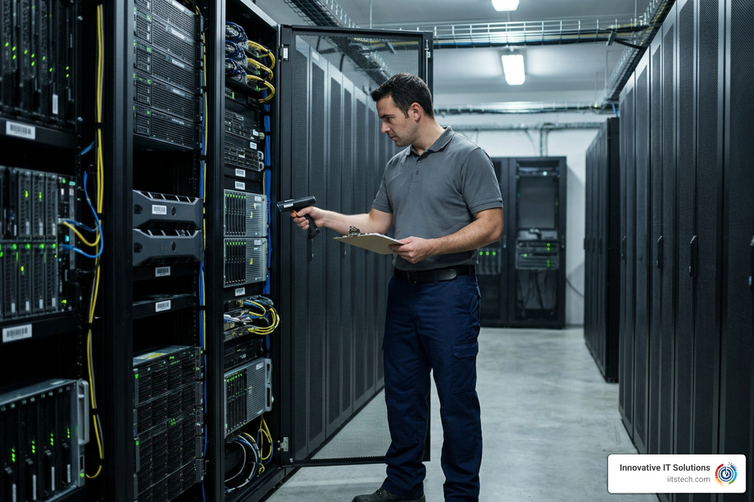 Technician scanning barcodes on server components inside a secure facility