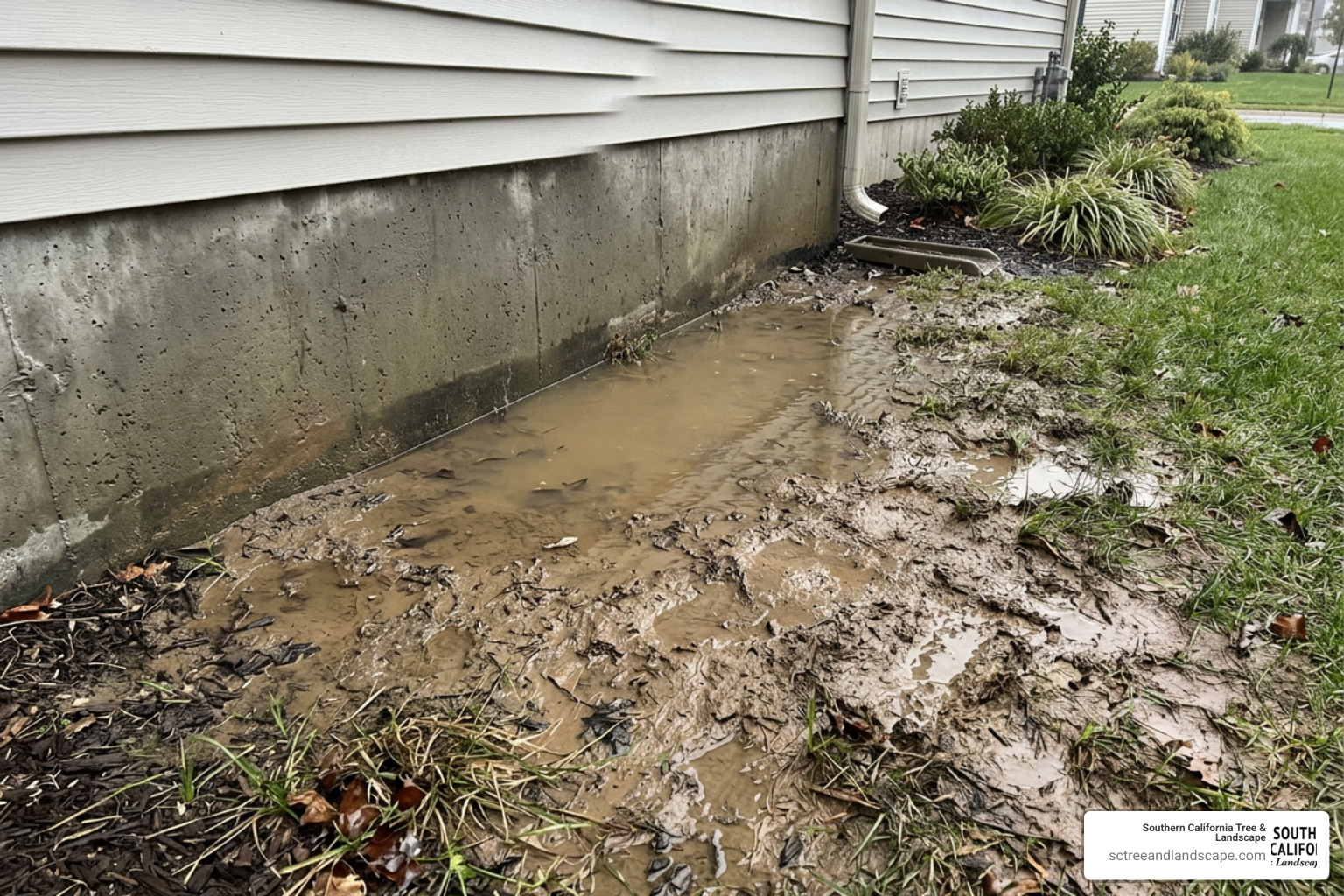 Water pooling near foundation due to clay soil and poor grading