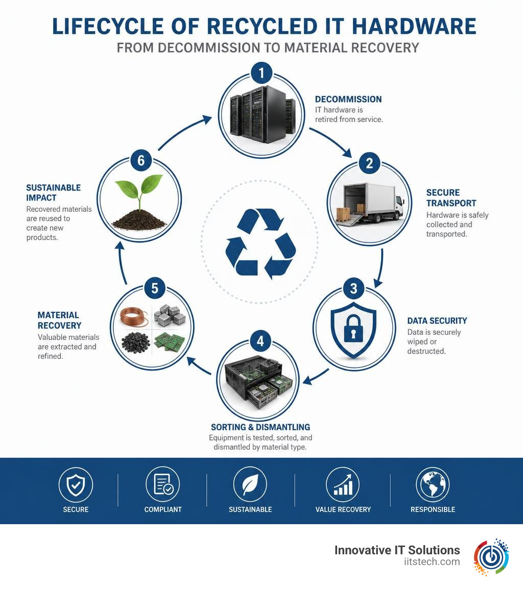 Lifecycle of recycled IT hardware from decommission to material recovery infographic infographic Lifecycle of recycled IT hardware from decommission to material recovery infographic infographic