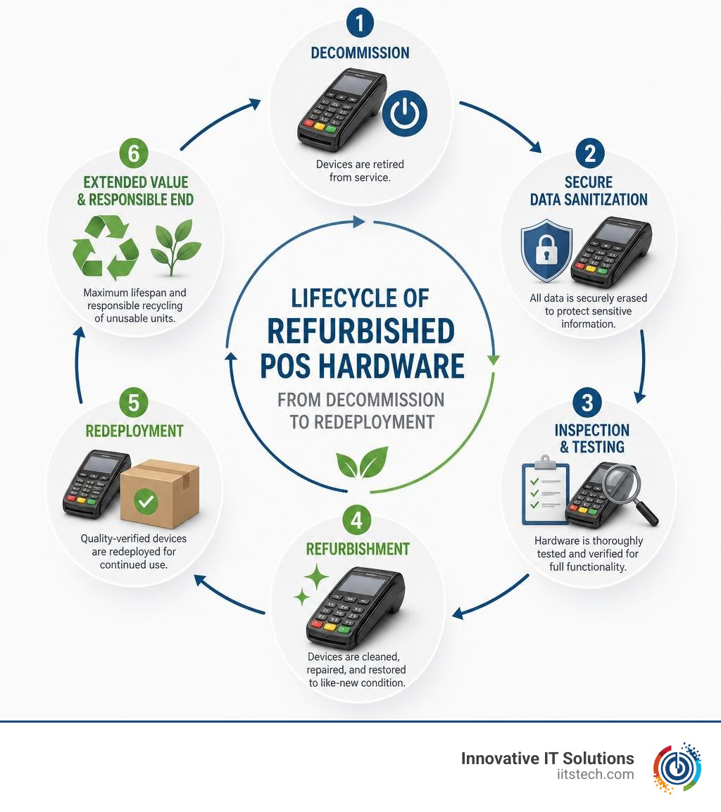 Lifecycle of refurbished POS hardware from decommission to redeployment infographic Lifecycle of refurbished POS hardware from decommission to redeployment infographic