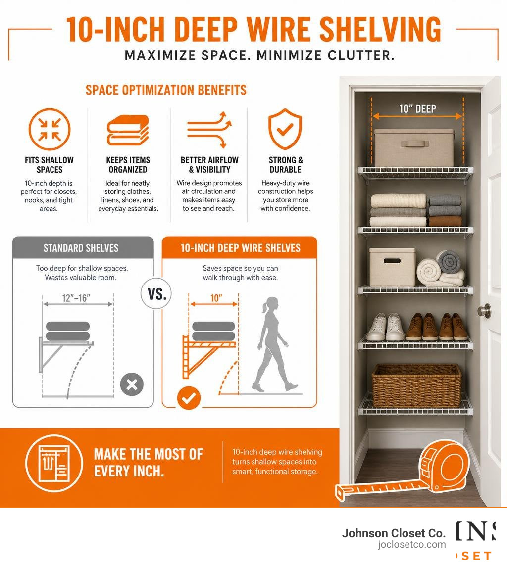 Infographic showing space optimization benefits of 10-inch deep wire shelving in shallow closets infographic