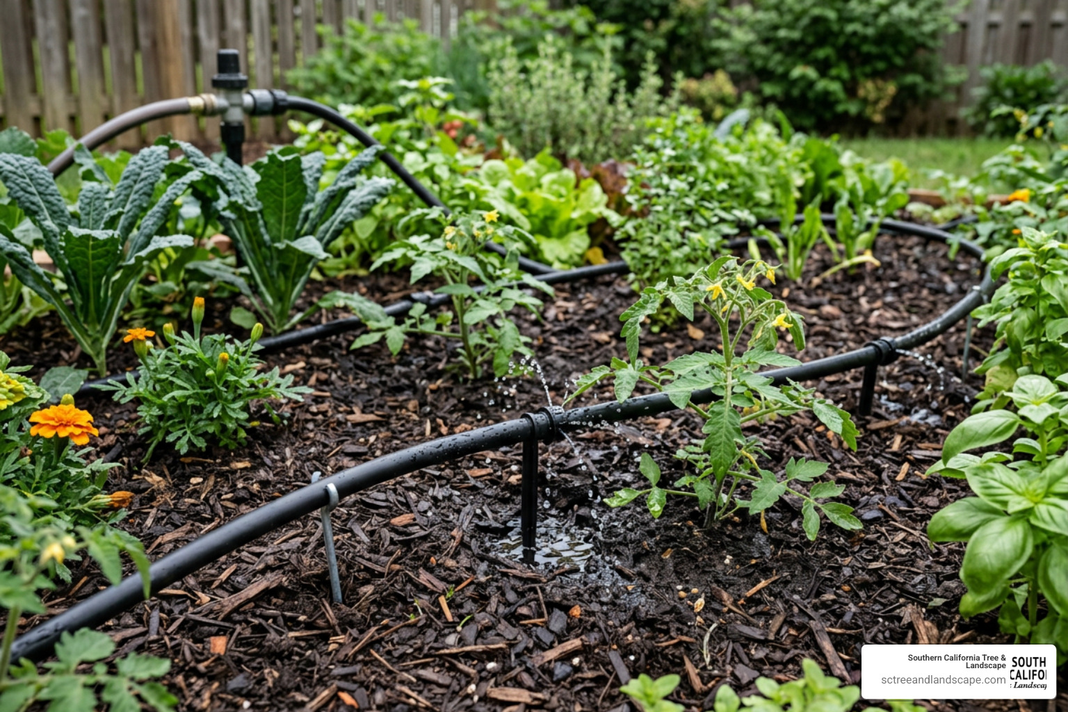 Drip irrigation system watering garden plants Drip irrigation system watering garden plants