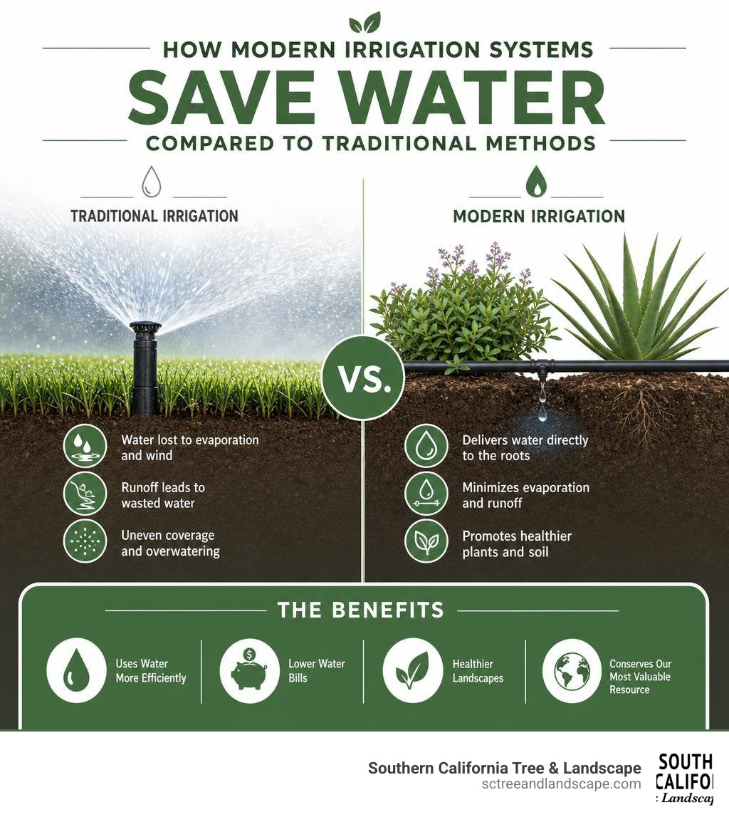 How modern irrigation systems save water compared to traditional methods infographic How modern irrigation systems save water compared to traditional methods infographic