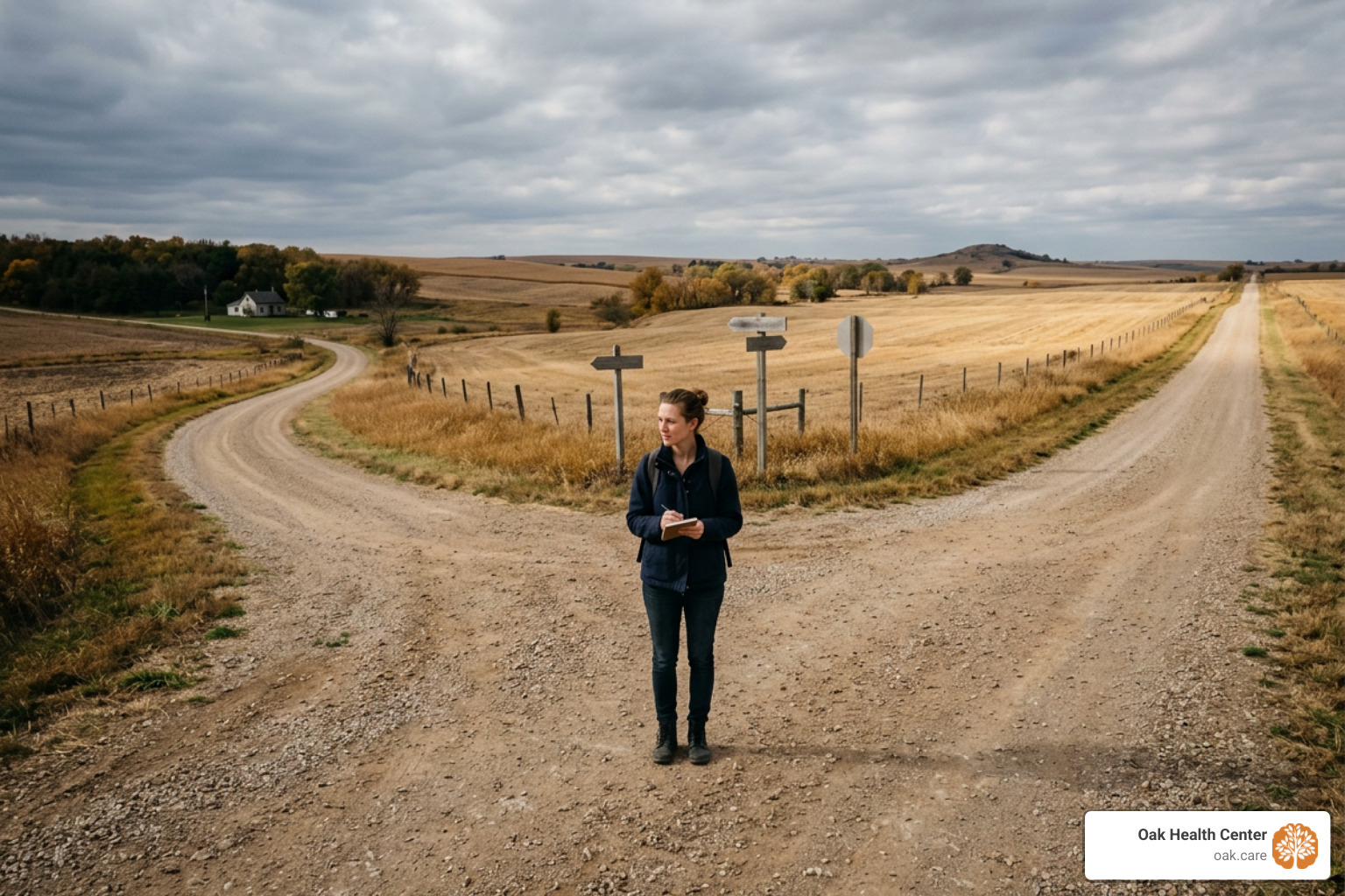 A person standing at a crossroads, symbolizing the cognitive decision-making process