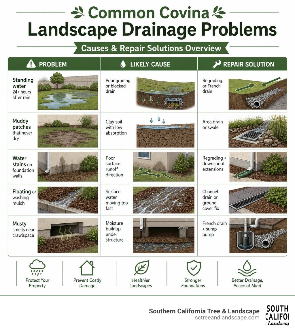Common Covina landscape drainage problems, causes, and repair solutions overview infographic