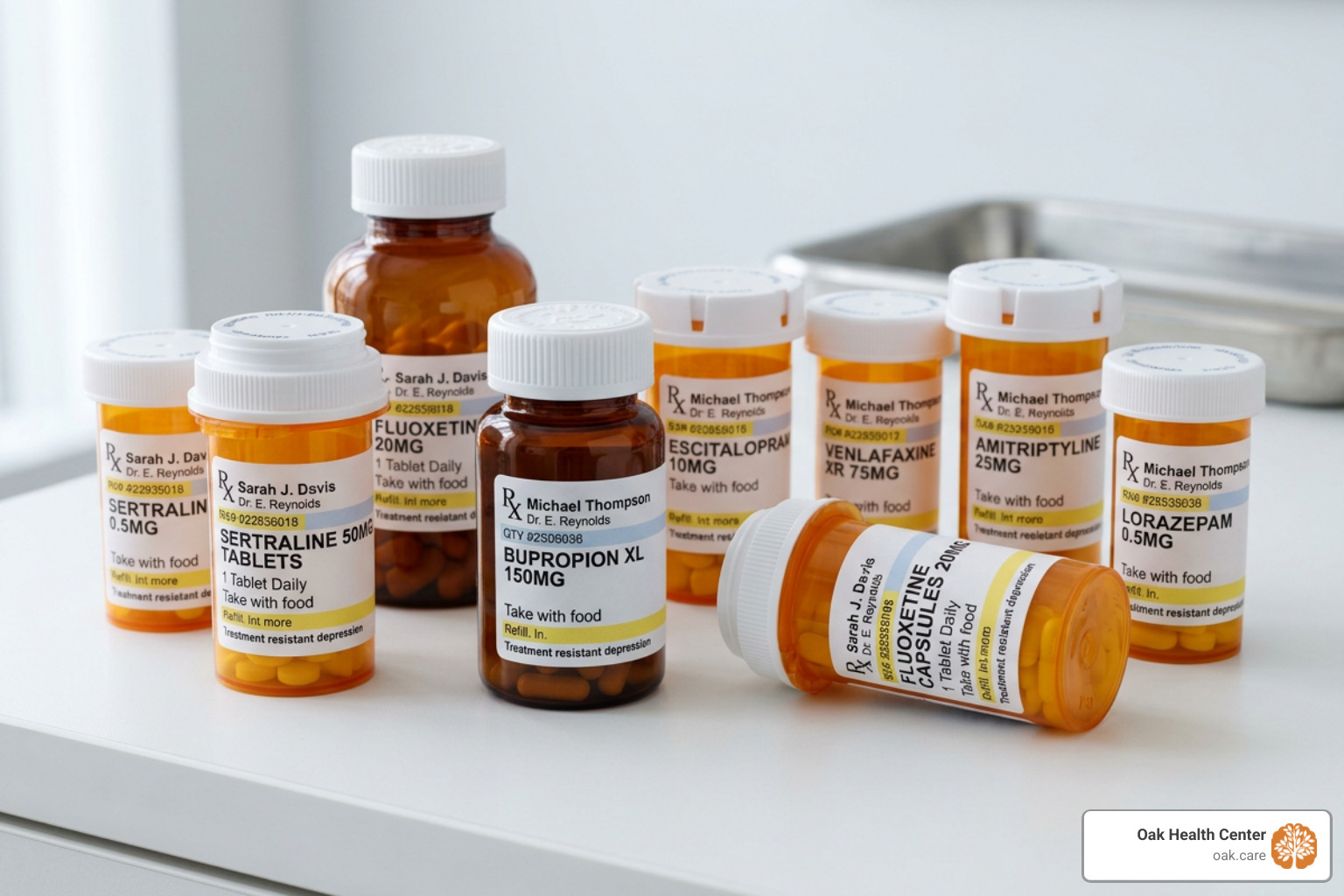 A collection of medication bottles representing personalized psychiatry and pharmacological strategies