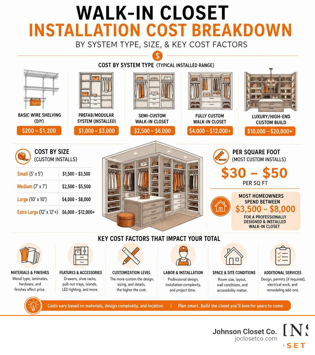 Walk-in closet installation cost breakdown by system type, size, and key cost factors infographic Walk-in closet installation cost breakdown by system type, size, and key cost factors infographic