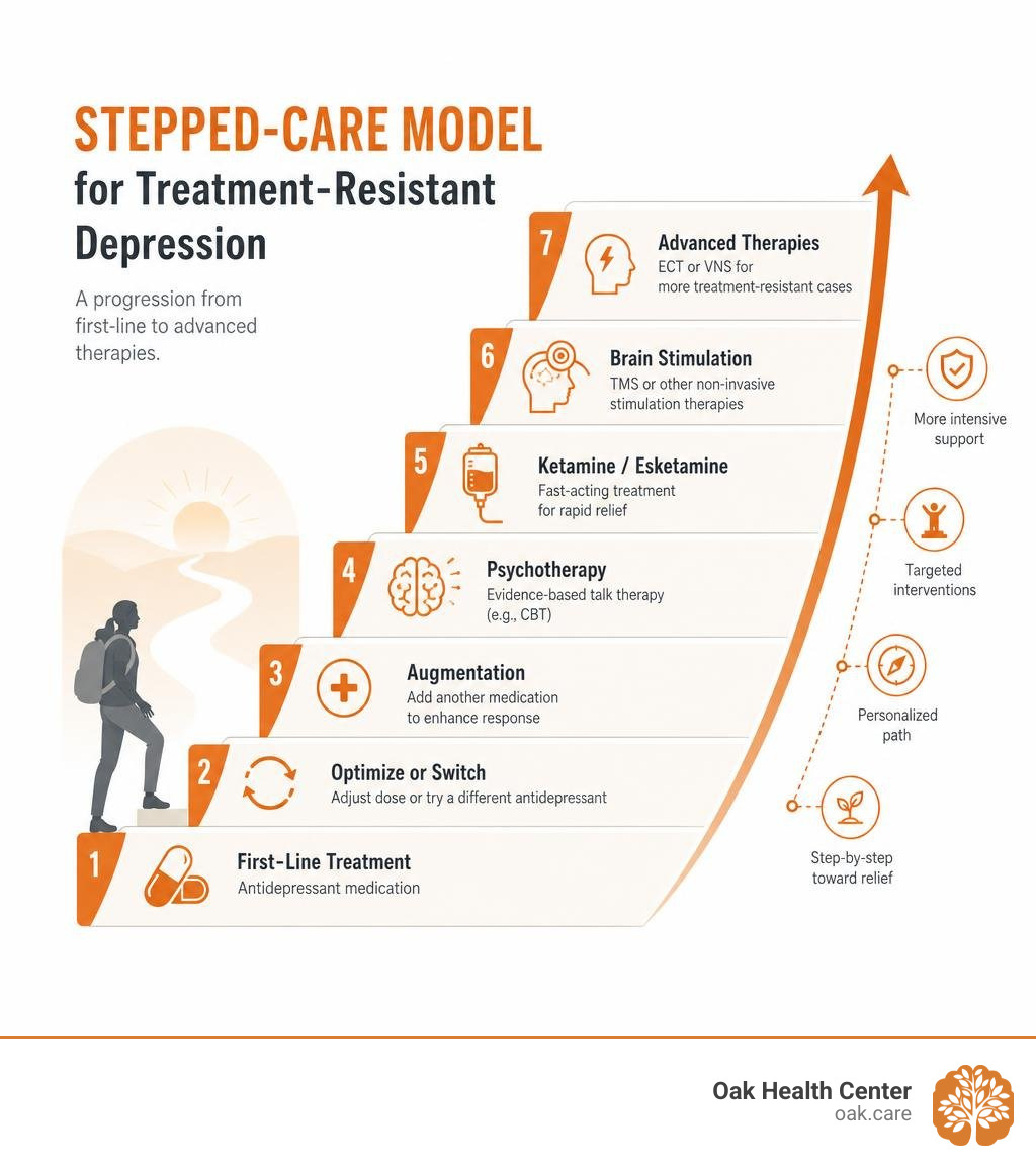 Stepped-care model for treatment-resistant depression showing progression from first-line to advanced therapies infographic