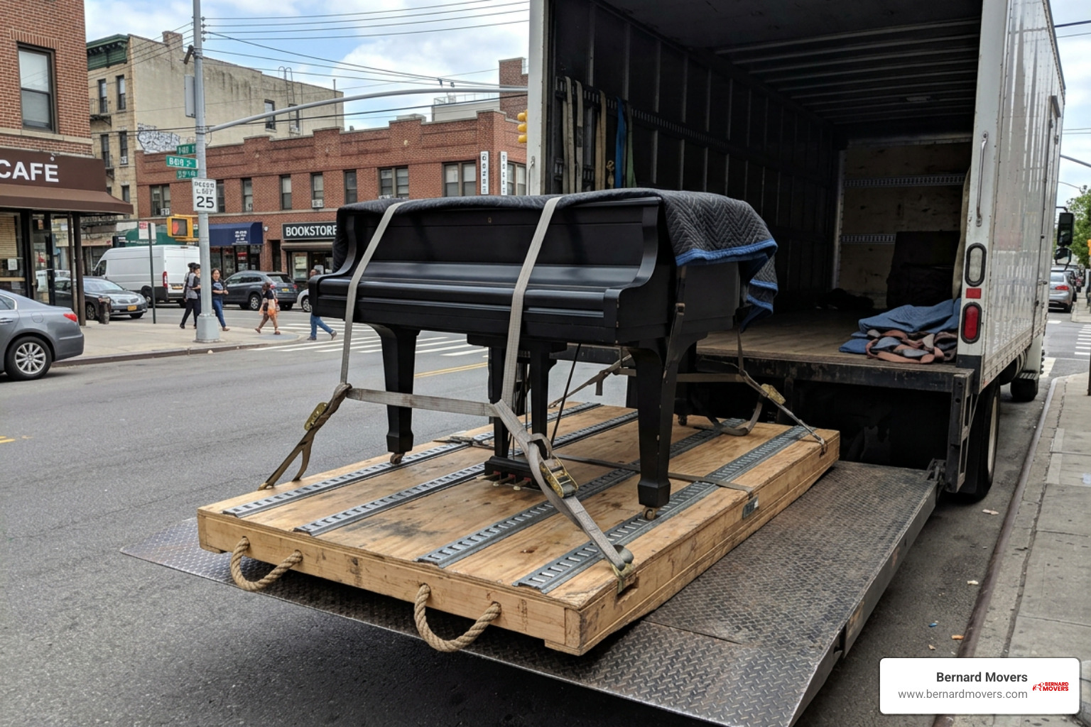 Secured grand piano on a skid board ready for transport Secured grand piano on a skid board ready for transport