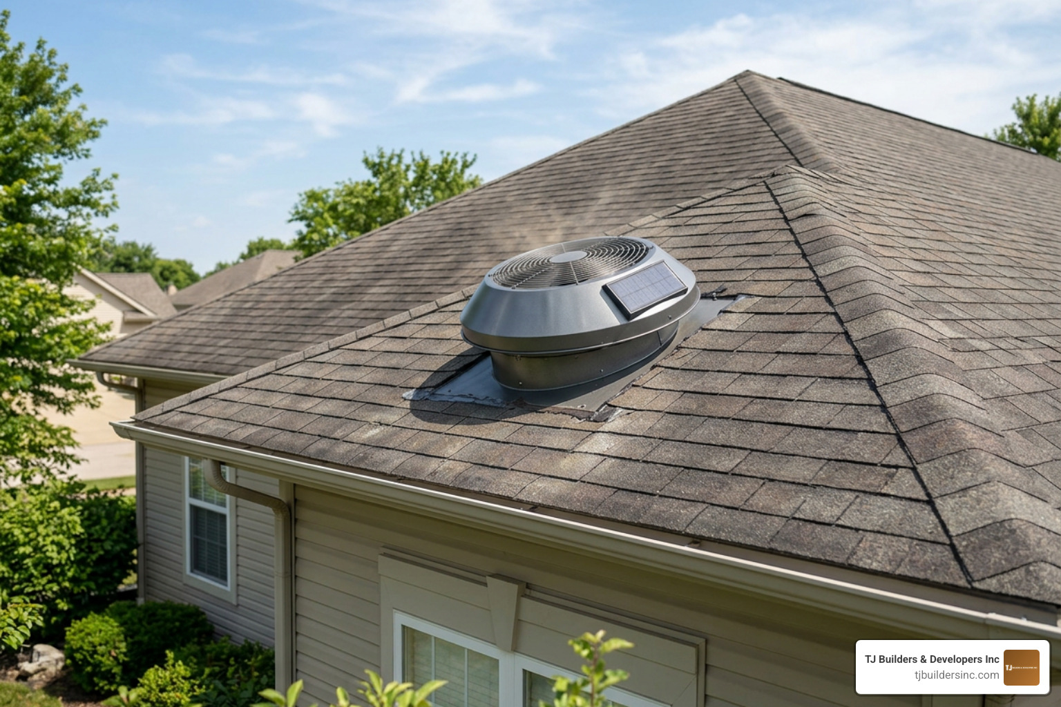 A properly ventilated roof structure showing an active attic extractor fan integrated with a protective roof cowl