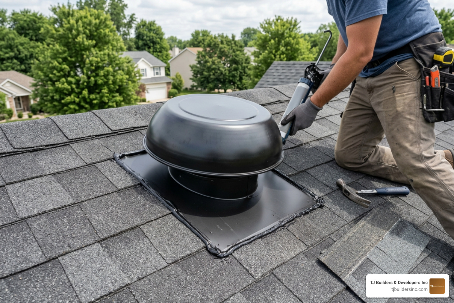 Professional roof vent installation featuring secure flashing, weatherproofing, and a robust roof cowl