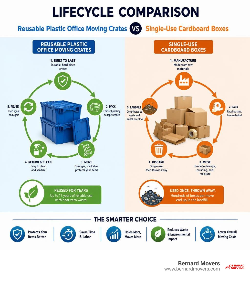 Lifecycle of reusable plastic office moving crates vs single-use cardboard boxes comparison infographic Lifecycle of reusable plastic office moving crates vs single-use cardboard boxes comparison infographic