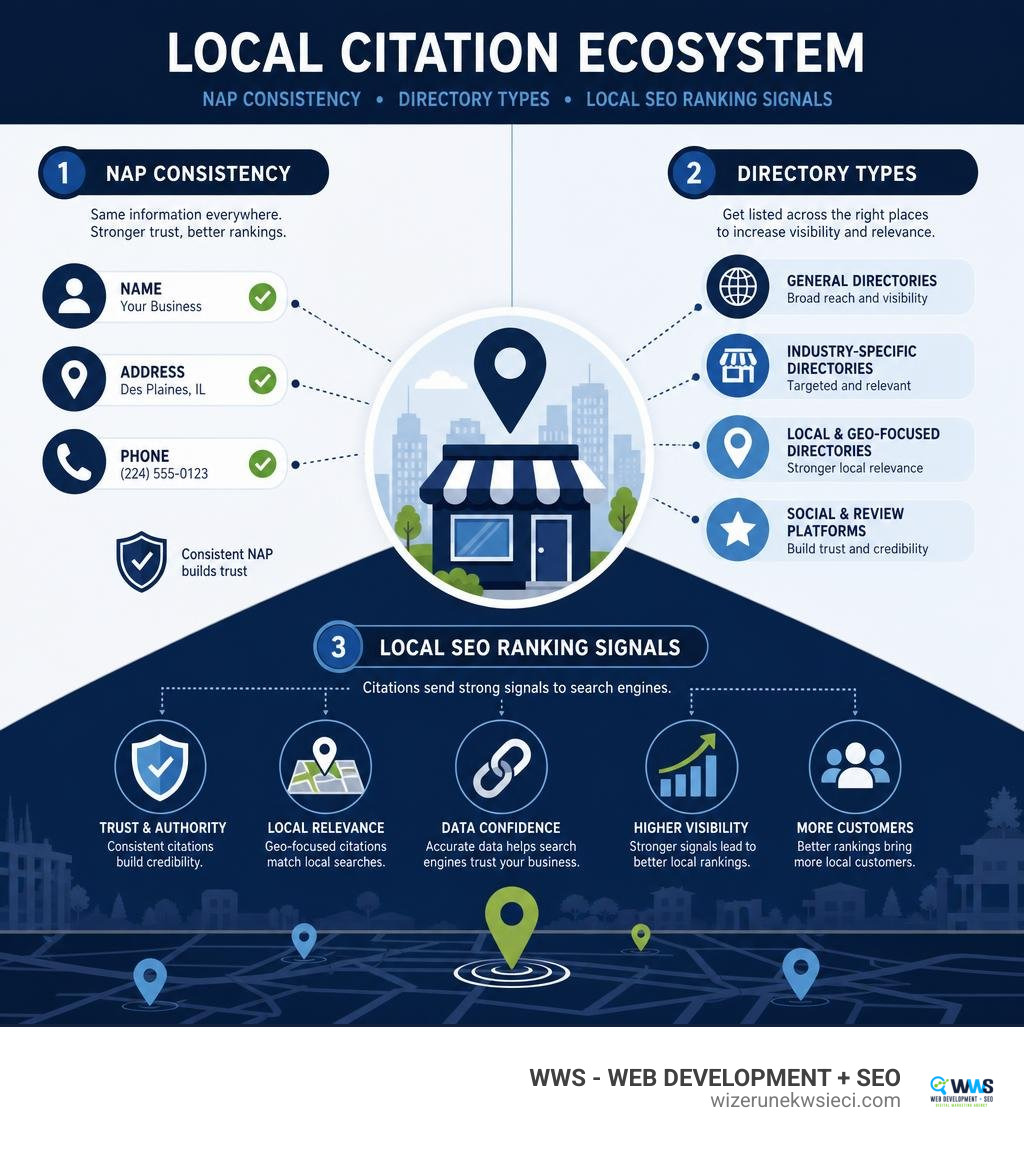 Local citation ecosystem infographic showing NAP consistency, directory types, and local SEO ranking signals infographic