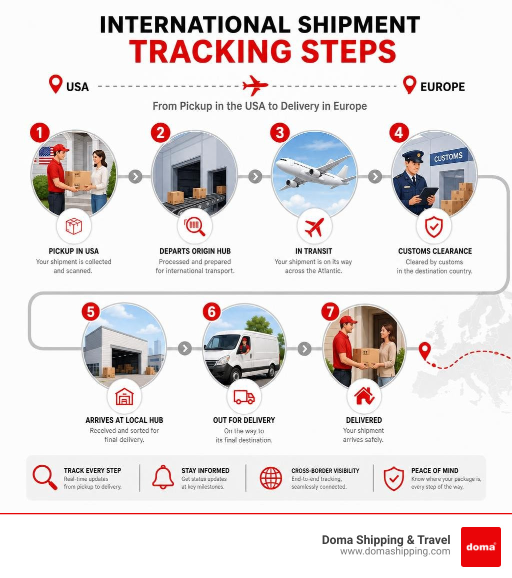 Infographic showing international shipment tracking steps from USA pickup to European delivery infographic Infographic showing international shipment tracking steps from USA pickup to European delivery infographic