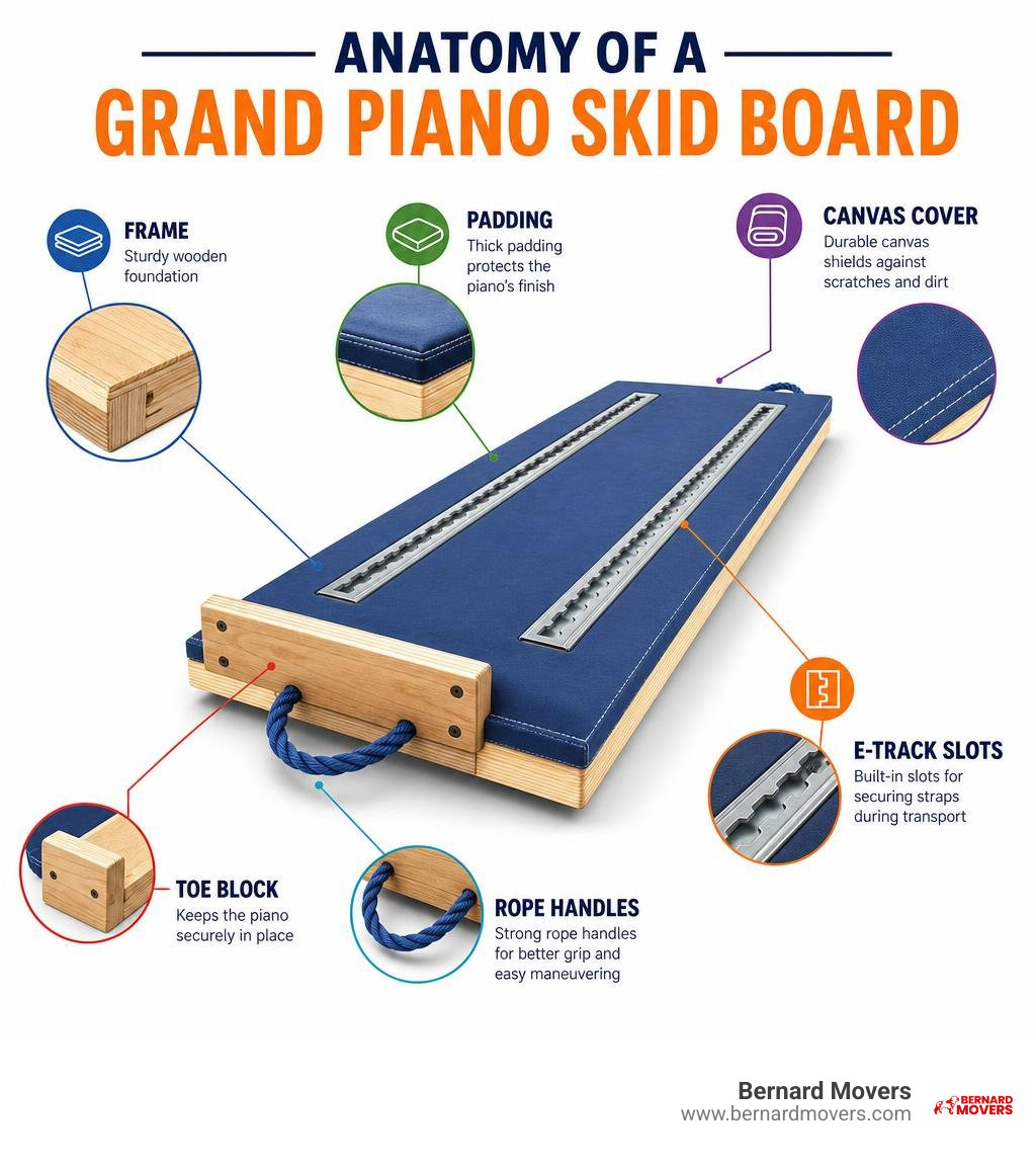 Anatomy of a grand piano skid board: frame, padding, E-track slots, toe block, rope handles, canvas cover infographic Anatomy of a grand piano skid board: frame, padding, E-track slots, toe block, rope handles, canvas cover infographic