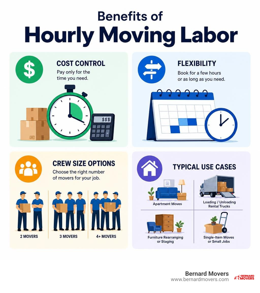 Benefits of hourly moving labor: cost control, flexibility, crew size options, and typical use cases infographic Benefits of hourly moving labor: cost control, flexibility, crew size options, and typical use cases infographic