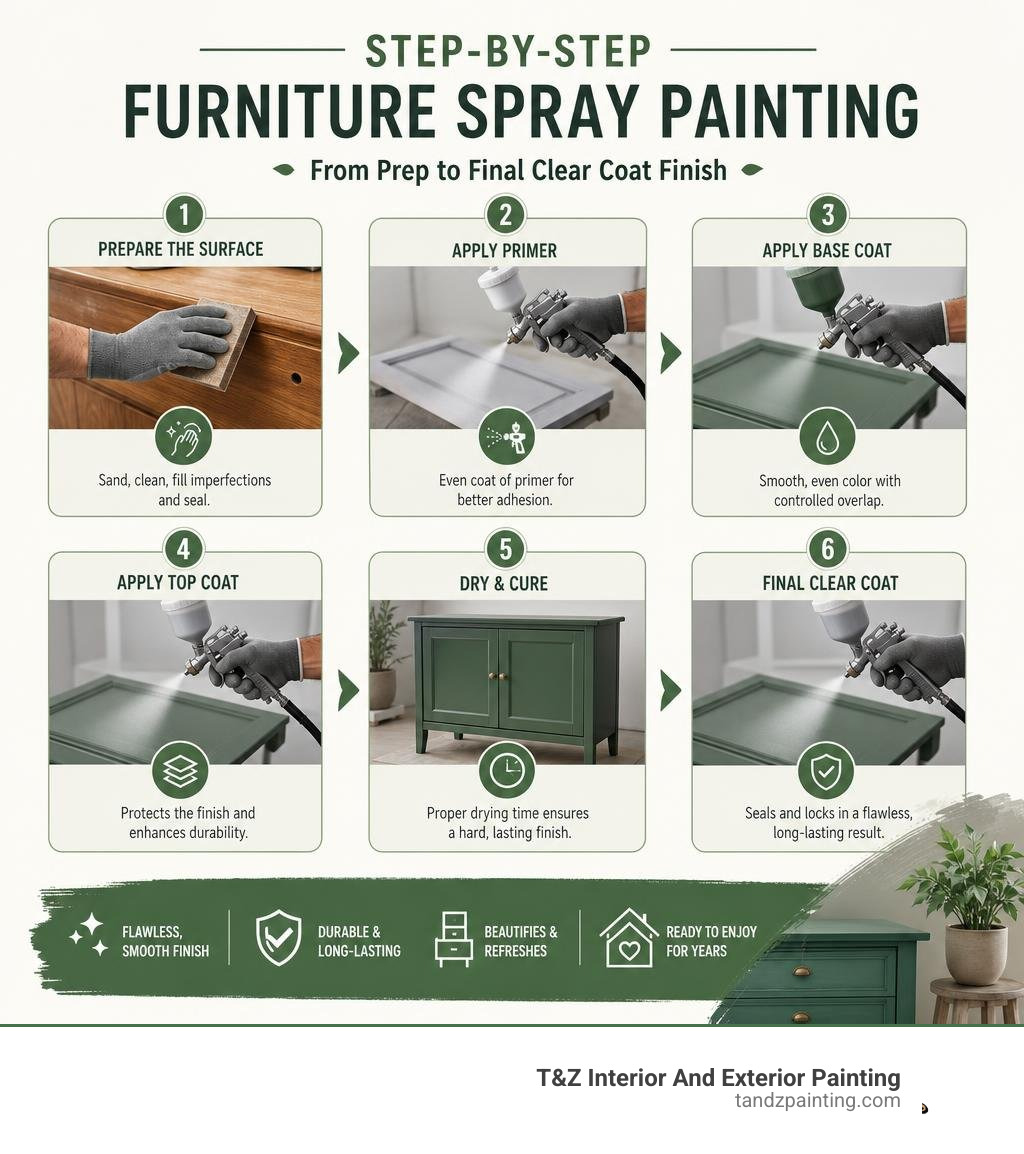 Step-by-step furniture spray painting process from prep to final clear coat finish infographic Step-by-step furniture spray painting process from prep to final clear coat finish infographic