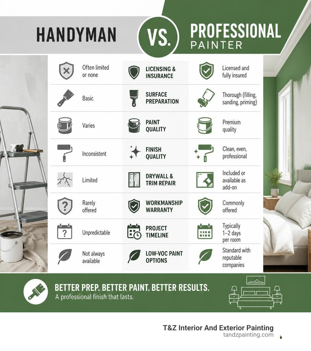 Handyman vs professional bedroom painter comparison infographic with key quality and service factors infographic Handyman vs professional bedroom painter comparison infographic with key quality and service factors infographic